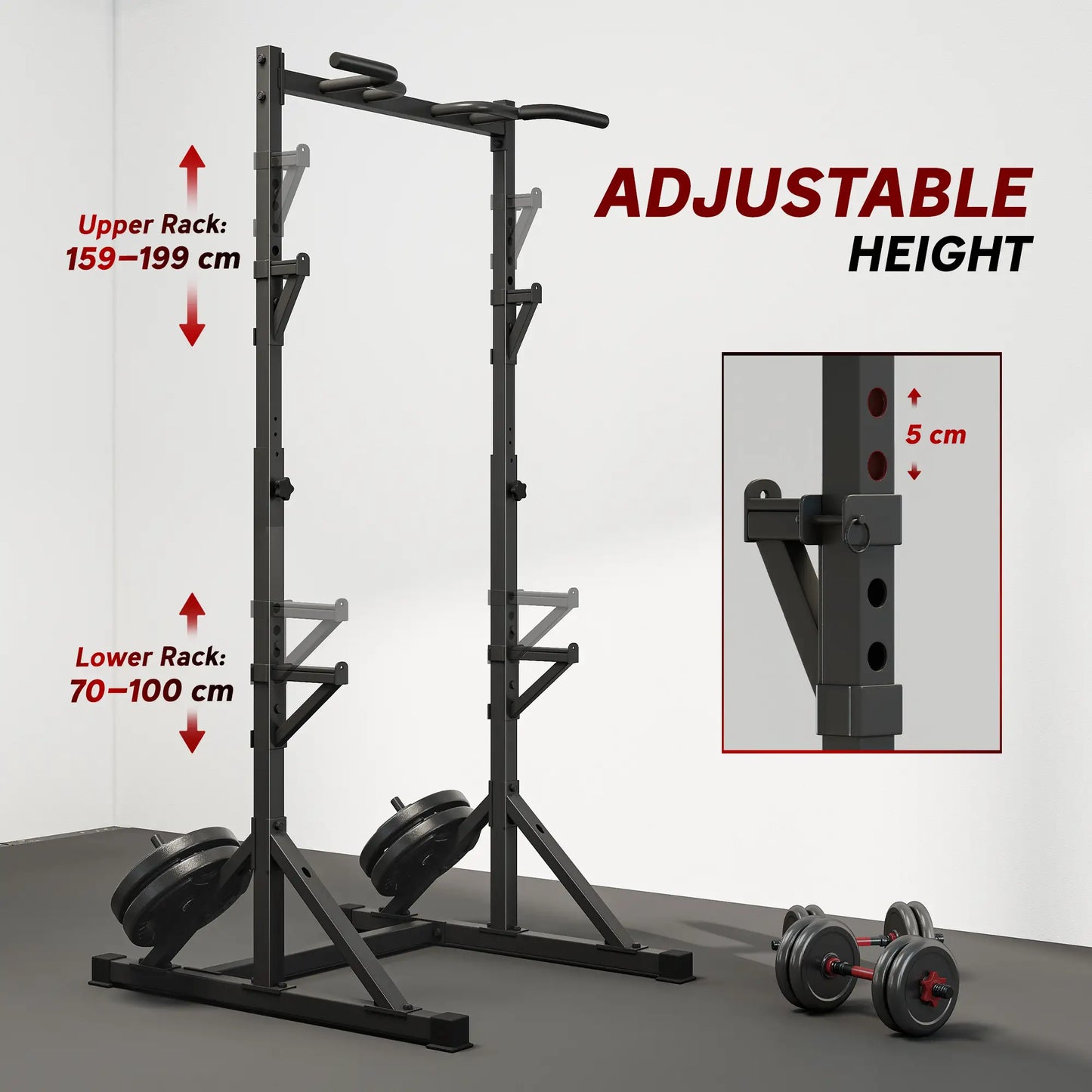 Adjustable Squat Rack, Bench Press Rack With Weight Plate Holders, Black Dumbbells & Barbells at Gallery Canada