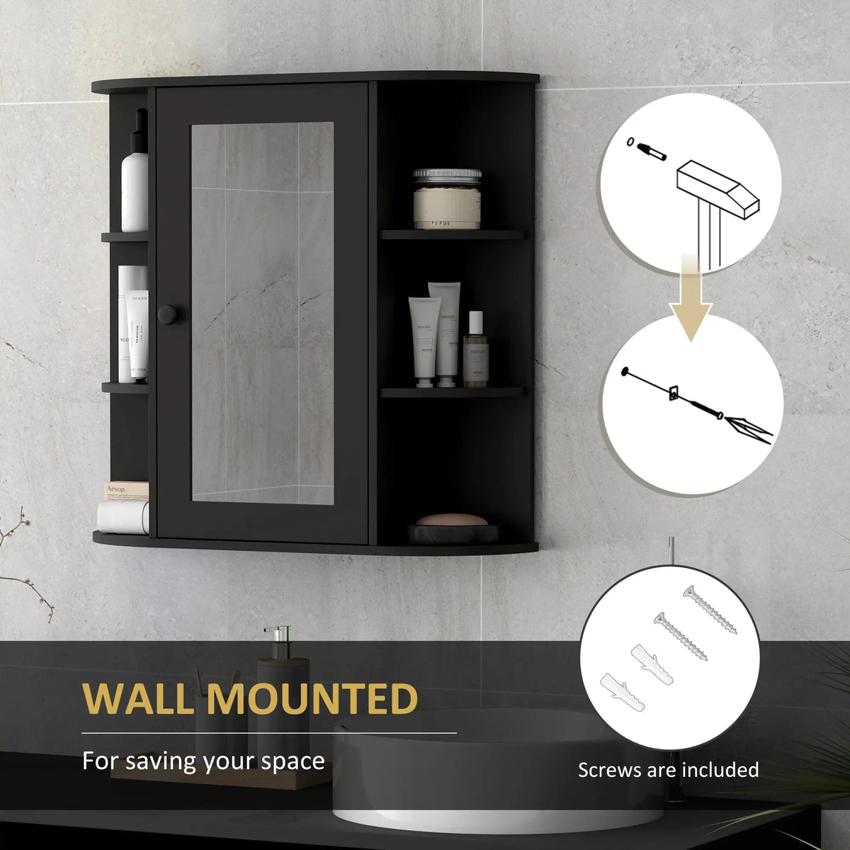 Mirrored Bathroom Wall Cabinet, Wall Mounted, With Door & Shelves, Black Mirror Medicine Cabinets at Gallery Canada