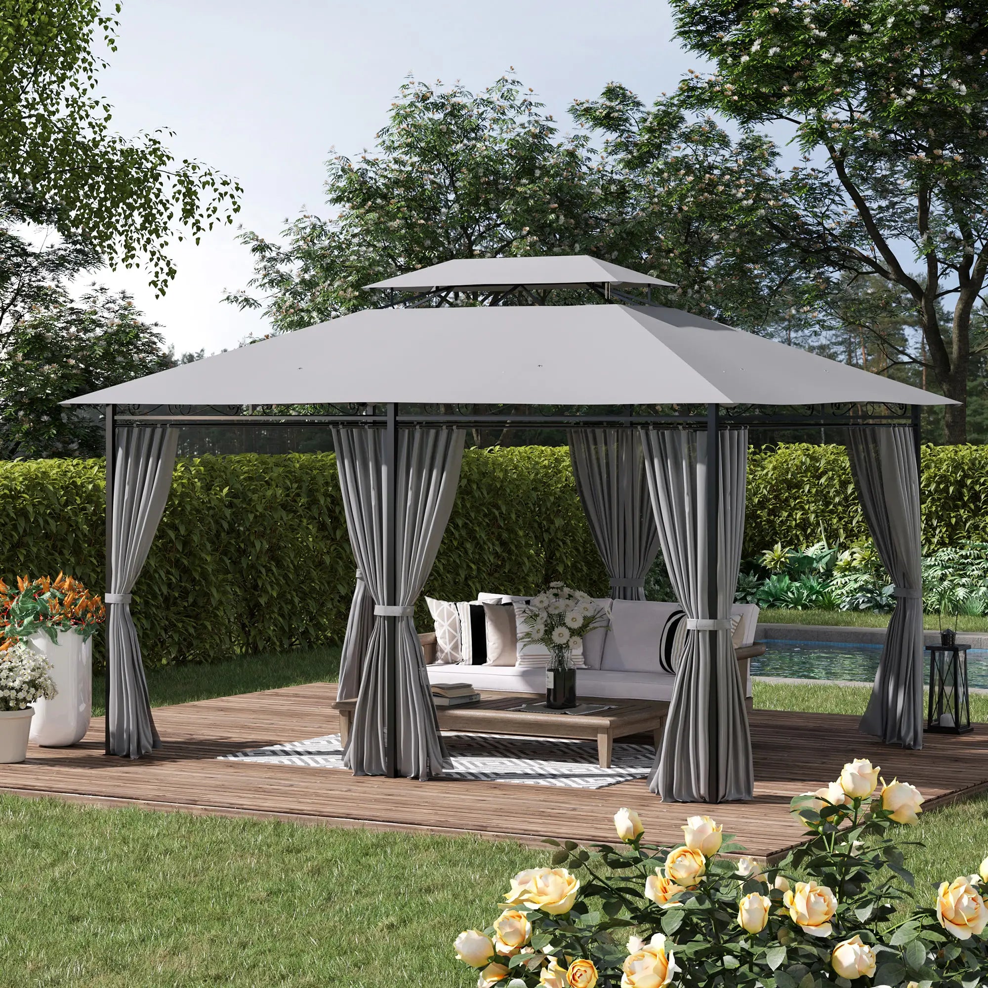 10' X 13' Patio Gazebo 2-Tiers Canopy With Curtains, Dark Grey Gazebos at Gallery Canada