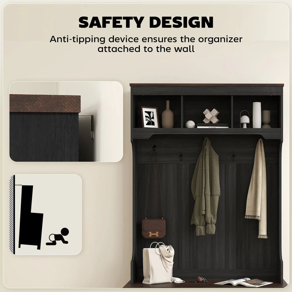 3-in-1 Hall Tree with Bench, Coat Rack, Shoe Storage, Distressed, Black Clothing Storage at Gallery Canada