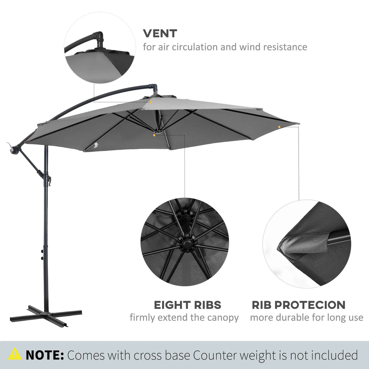 9.7ft Offset Patio Umbrella, Crank Handle, 8 Ribs, Cross Base, Cream Offset Cantilever Umbrellas at Gallery Canada