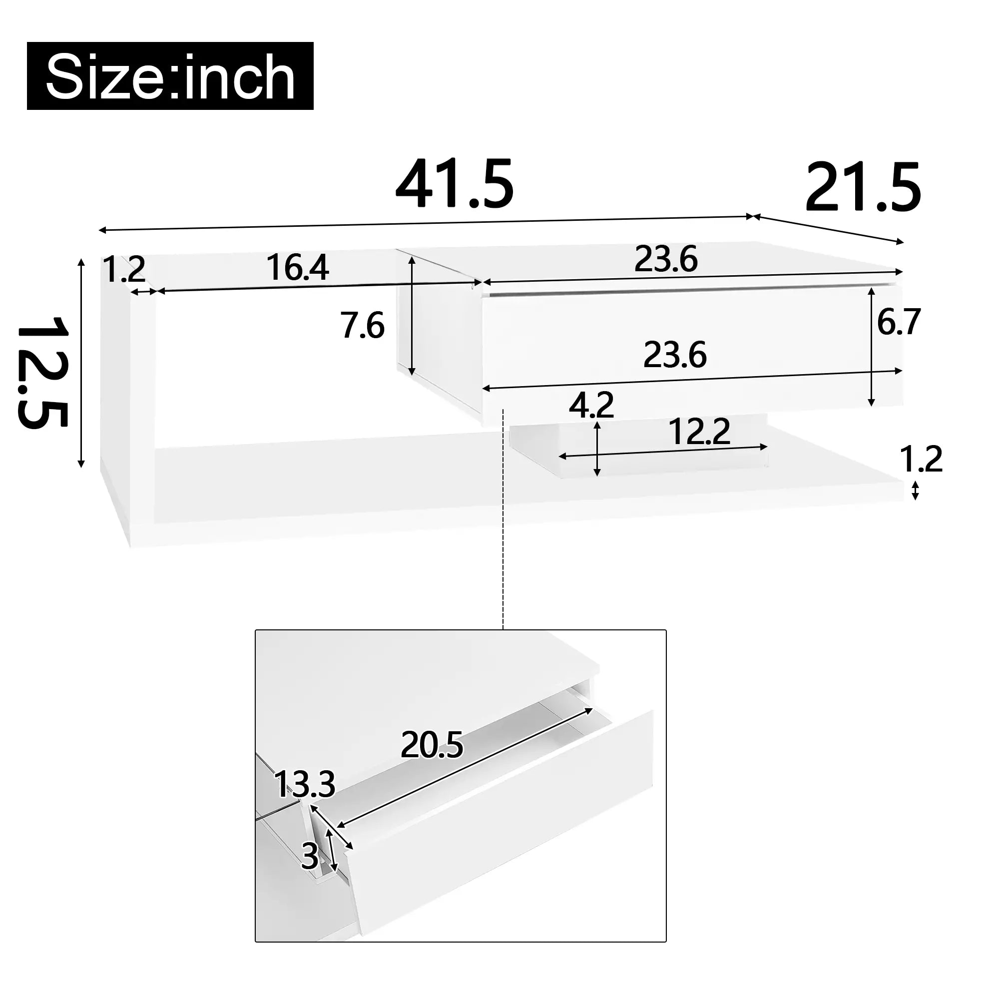Modern Coffee Table, Glass LED Effect, Storage, 41.5
