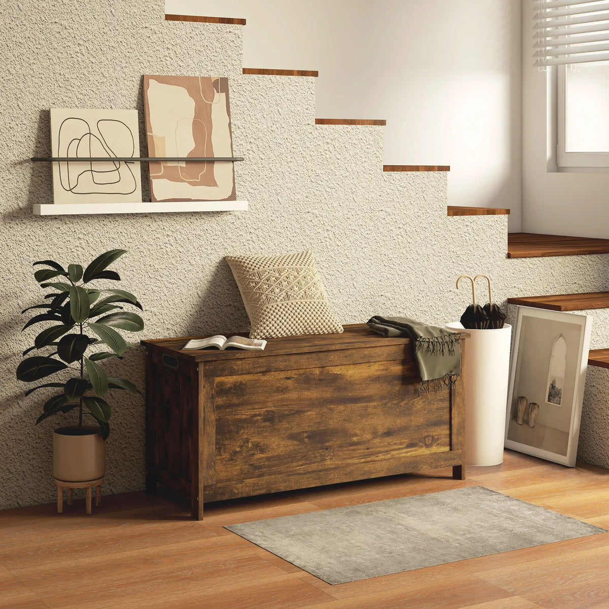 Modern Storage Trunk with Safety Hinges, Entryway Bench, Rustic Brown, Brown Storage Ottomans & Benches at Gallery Canada