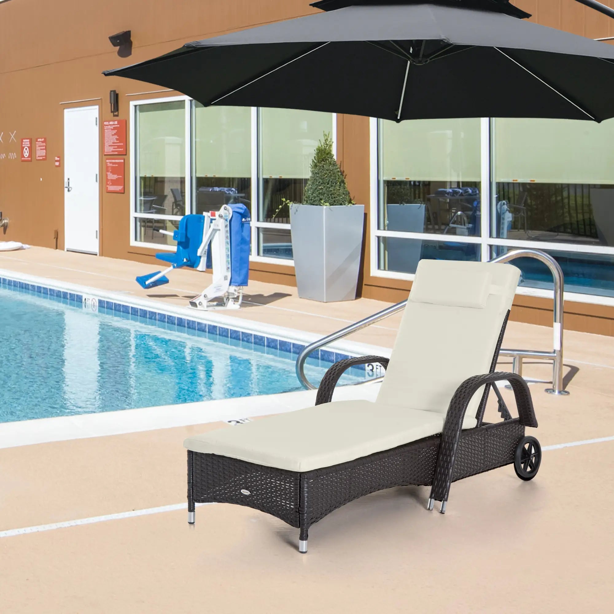 Wicker Chaise Lounge, Outdoor PE Rattan Sun Lounger, Adjustable Backrest, 5-Level, Deep Coffee Cream White, Cream White Chaise Loungers at Gallery Canada