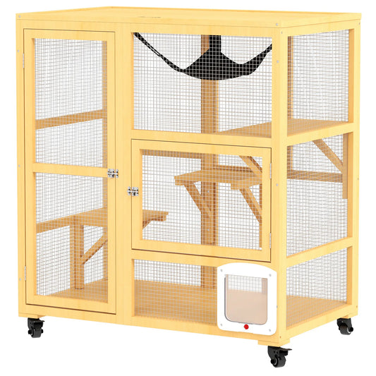 Wooden Cat Condo on Wheels, Cat Flap Door, Hammock, Openable Top, 2 Cats, Yellow Outdoor Cat Enclosures Yellow at Gallery Canada