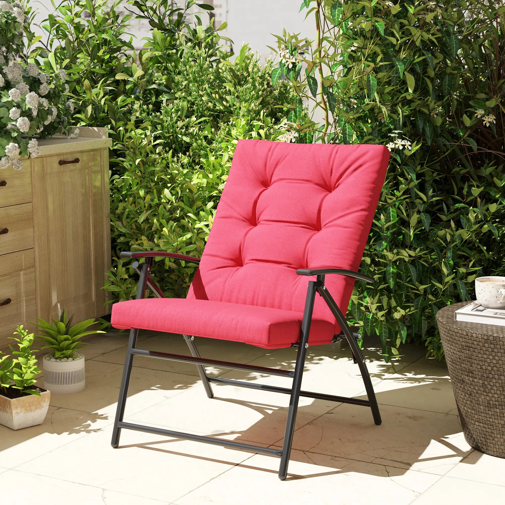 Foldable Lounge Chair, Fabric Recliner, Outdoor Lounger with Armrest, Metal Frame, Red Patio Chairs at Gallery Canada