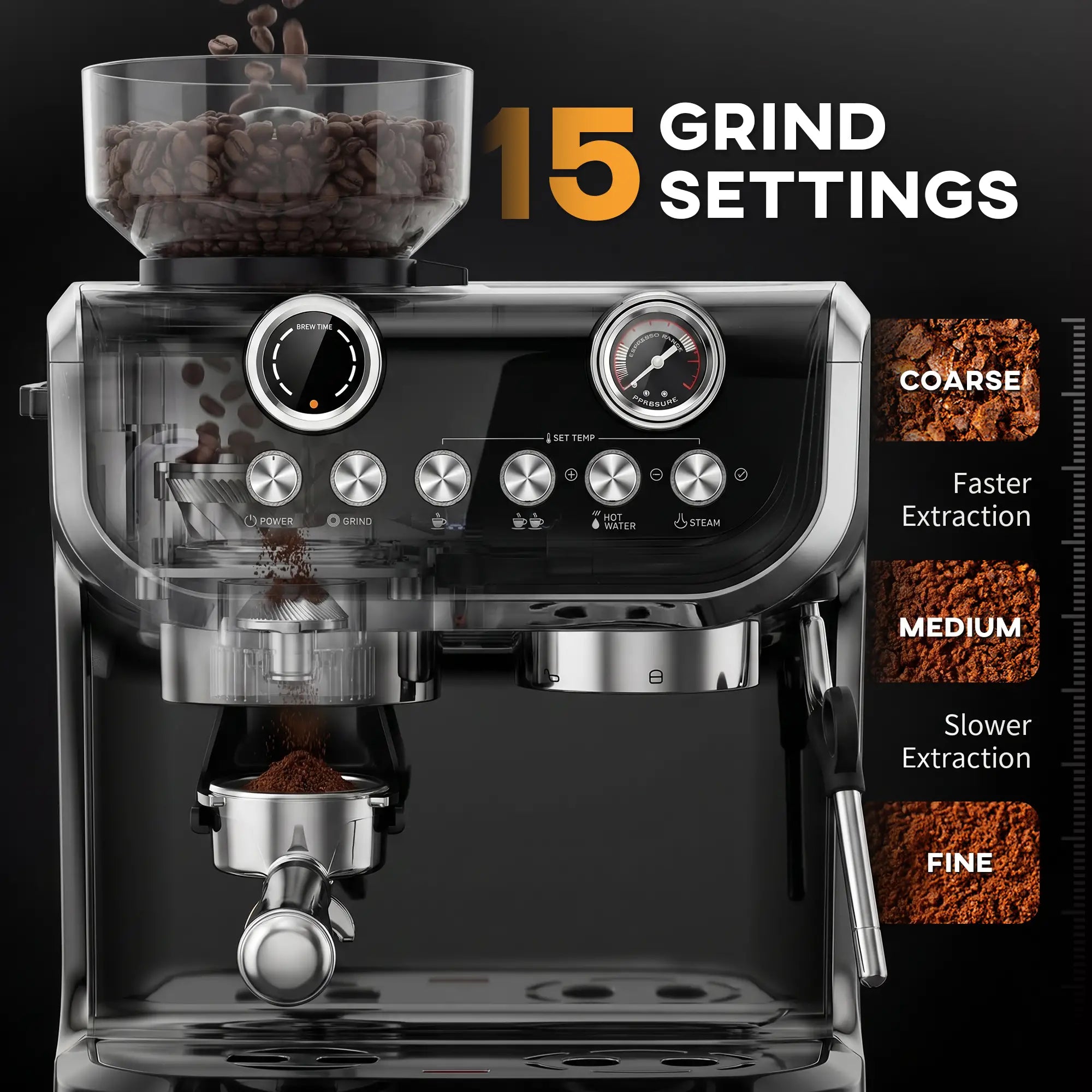 15 Bar Espresso Machine With Grinder & Milk Frother, Stainless Steel, Black Small Kitchen Appliances at Gallery Canada