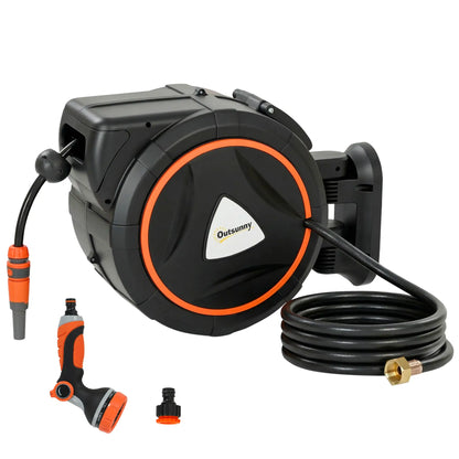 Retractable Garden Hose Reel, 1/2" x 92ft Wall Mounted Hose Reel with 12-Pattern Nozzles, Auto Retraction, Self-Locking Garden Accessories Orange at Gallery Canada