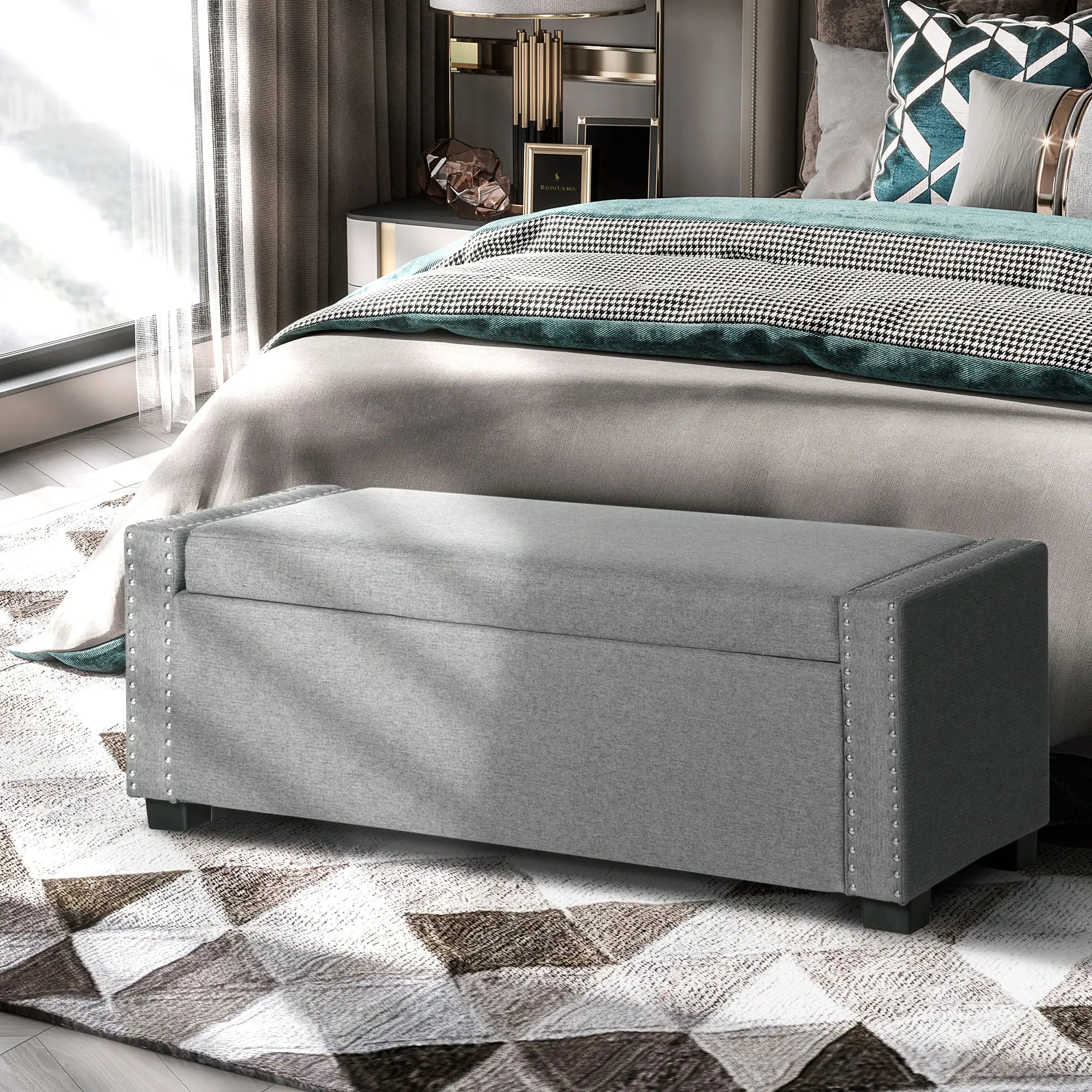 Upholstered Flip Top Storage Bench, Ottoman, Light Grey Storage Ottomans & Benches at Gallery Canada