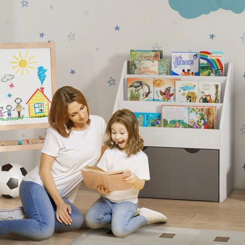 Kids Bookshelf, 3 Tier Display Shelves with Drawer, Grey