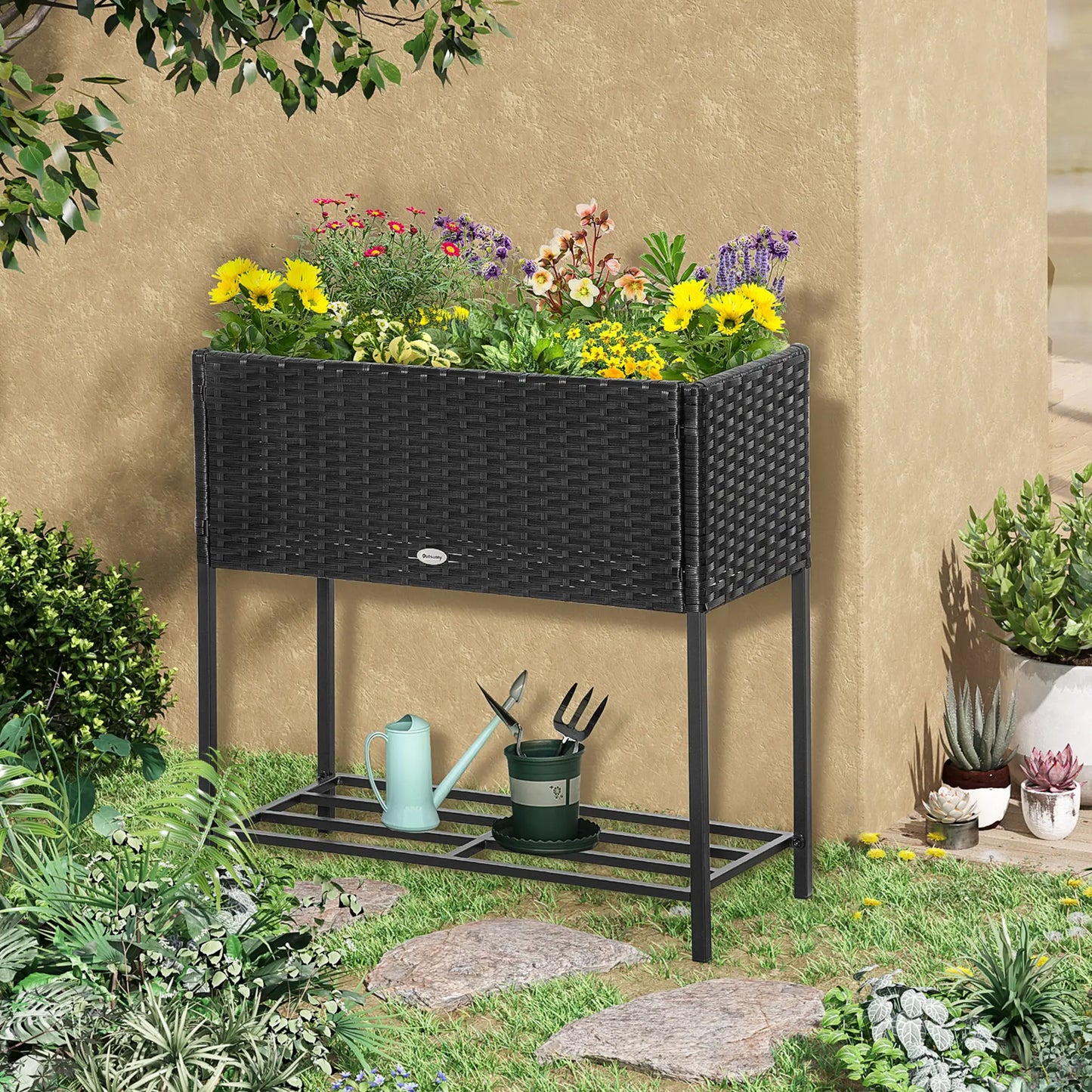 Rattan Raised Garden Box, Elevated Flower Bed with Storage, Black Plant Stands at Gallery Canada