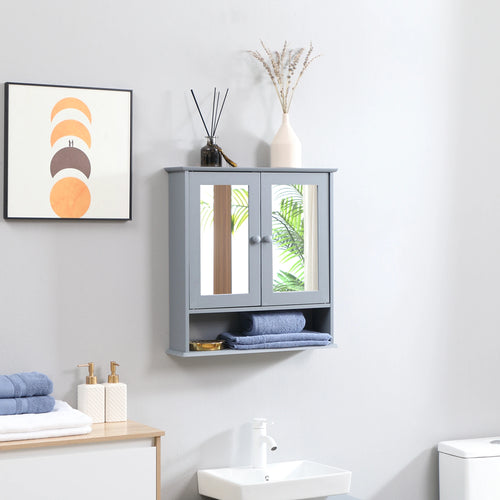 Wall-Mounted Medicine Cabinet, Double Doors, Open Shelf, Adjustable, Grey