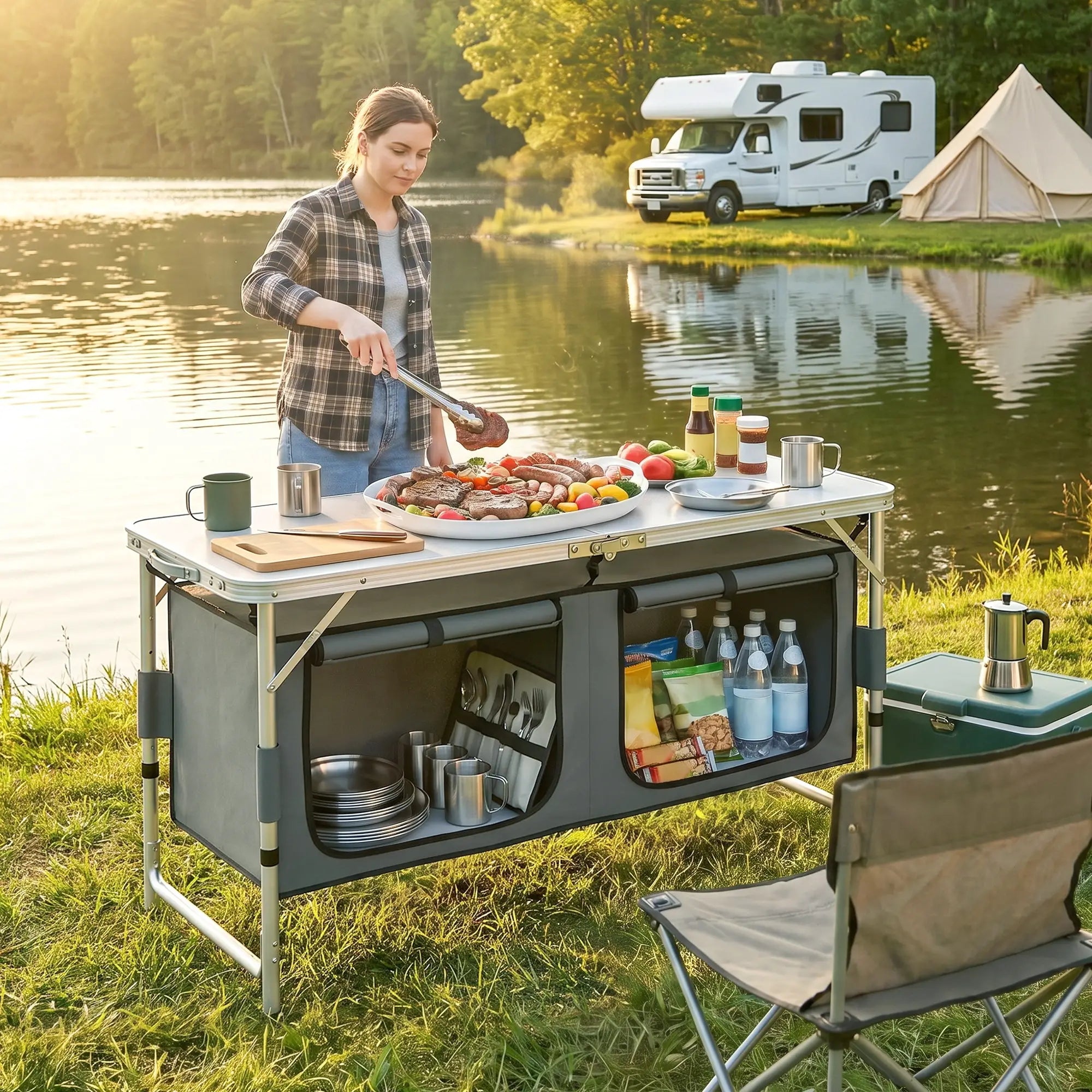 Aluminum Folding Picnic Table, Height Adjustable, Storage BBQ Camping Picnic Tables & Camping Chairs at Gallery Canada