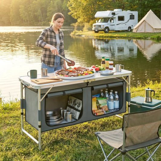 Aluminum Folding Picnic Table, Height Adjustable, Storage BBQ Camping Picnic Tables & Camping Chairs White at Gallery Canada