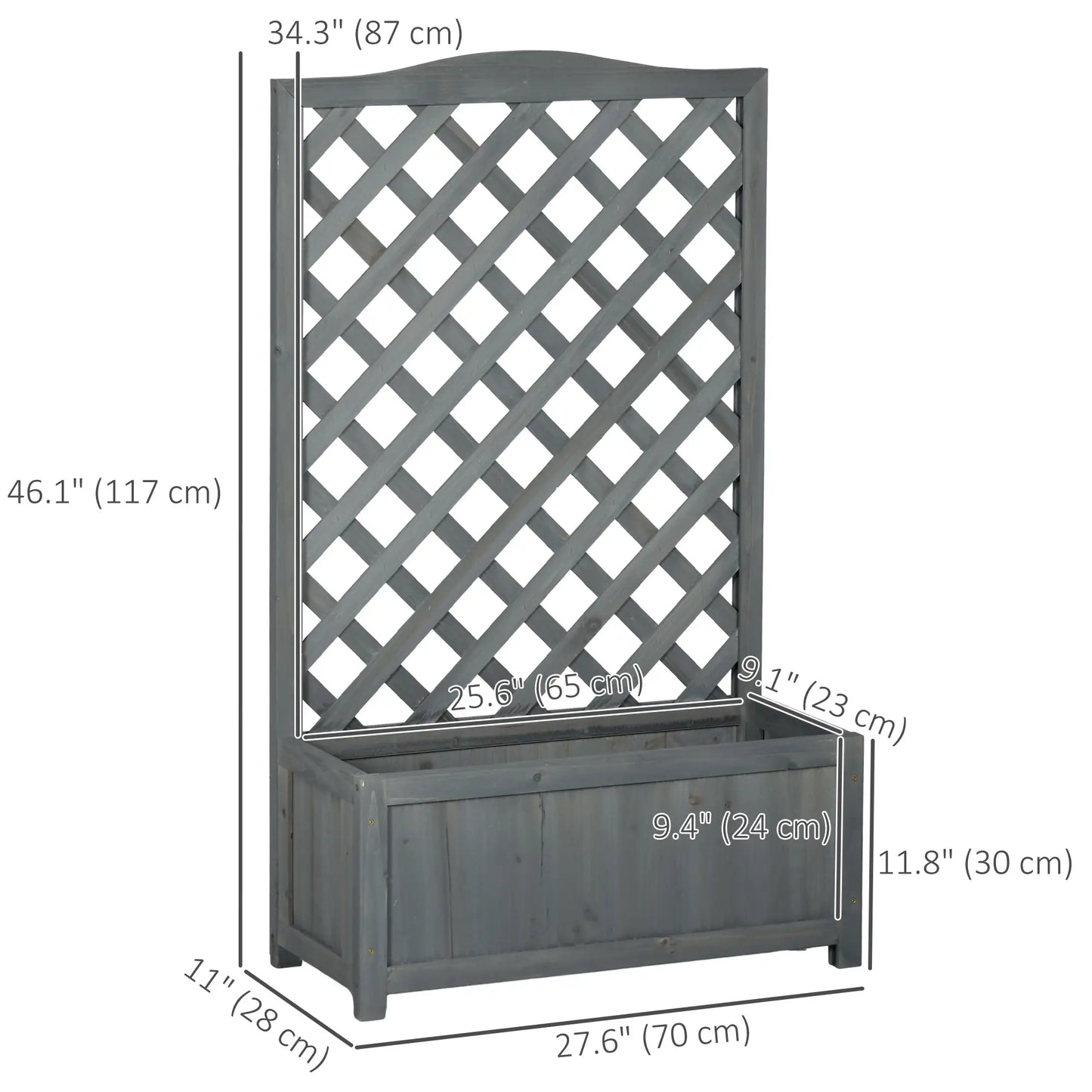 Wood Planter With Trellis, Raised Garden Bed, 28" x 11" x 46", Grey Wooden Planter Boxes at Gallery Canada