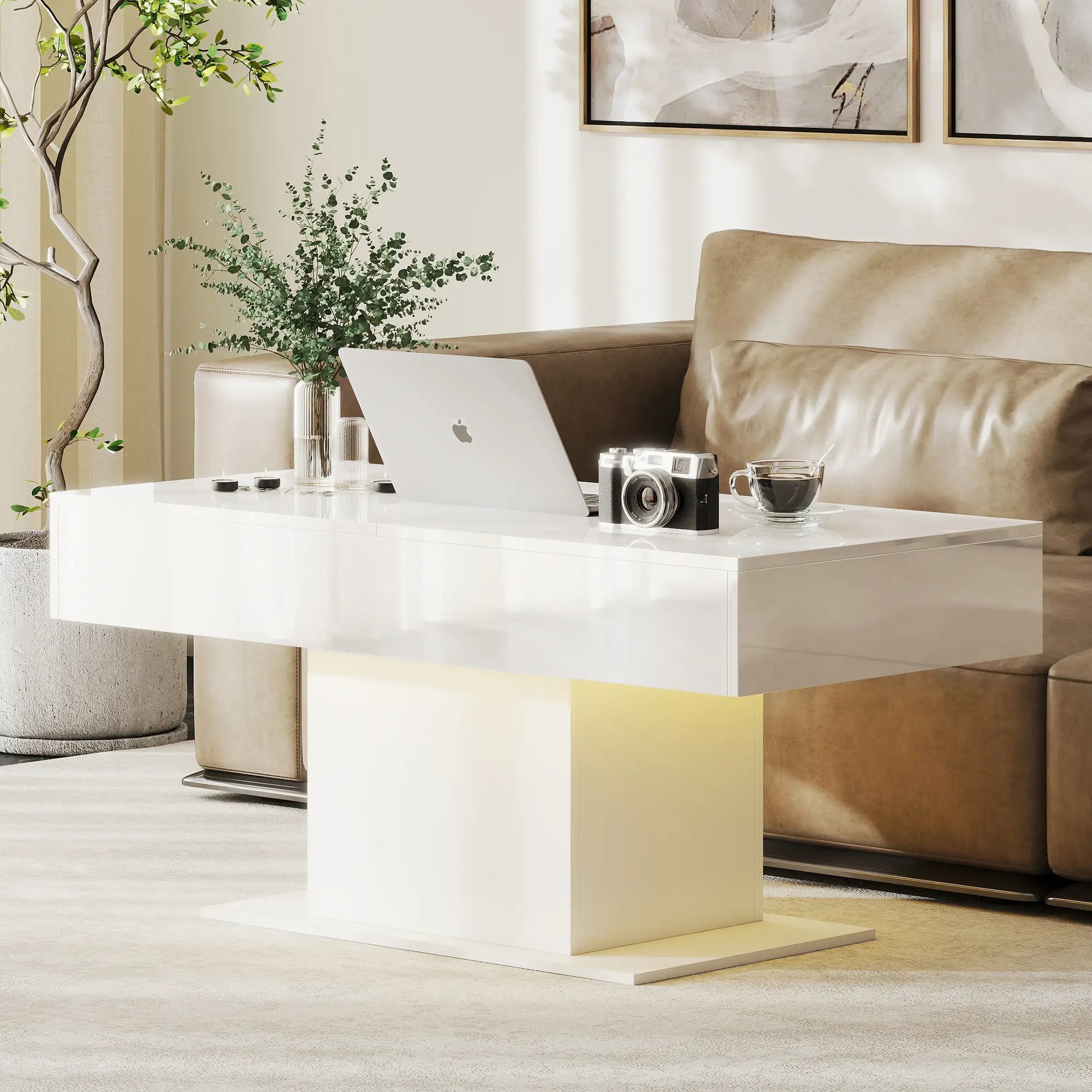 Extendable Coffee Table with LED Lights, Modern High Gloss Center Table with Hidden Storage, White Coffee Tables at Gallery Canada