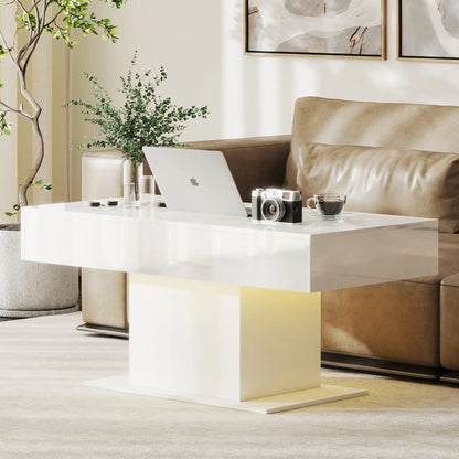 Extendable Coffee Table with LED Lights, Modern High Gloss Center Table with Hidden Storage, White Coffee Tables at Gallery Canada