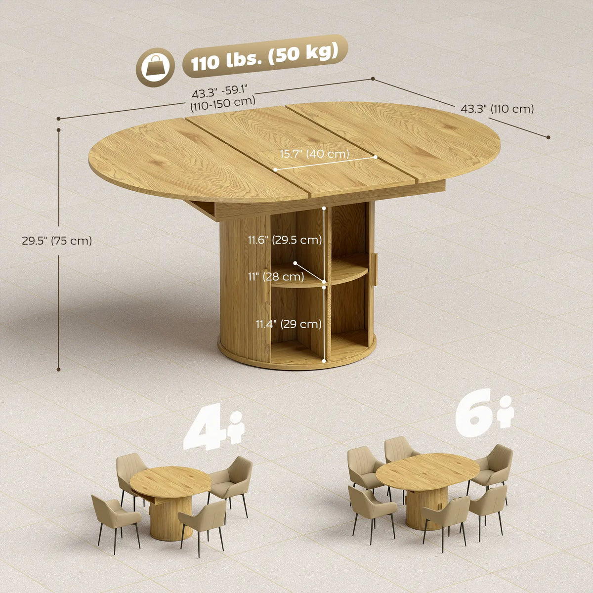 Extendable Dining Table For 6, 60", Natural, Farmhouse Kitchen Table With Storage, Natural Dining Tables at Gallery Canada