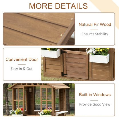 Kids Wooden Playhouse, Outdoor Cottage with Flower Pot Holder, Brown Play Houses at Gallery Canada