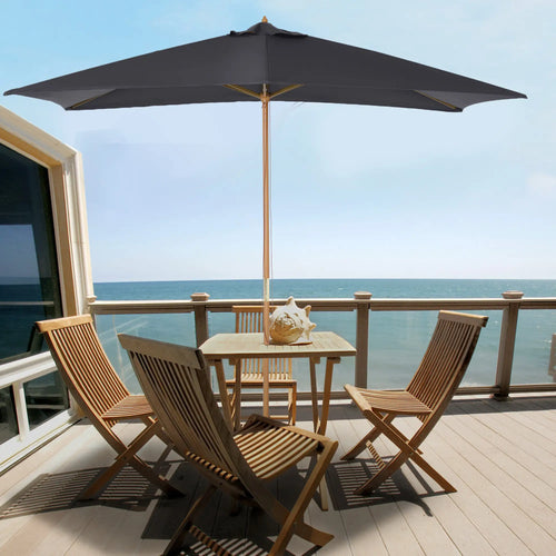7' x 10' Dark Grey Wooden Patio Umbrella, Outdoor Sunshade Canopy, Dark Grey
