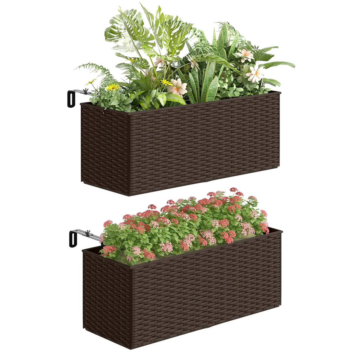 20 Inch Hanging Flower Pots, Railing Planter Box, Rattan Look, Brown Planter Set at Gallery Canada