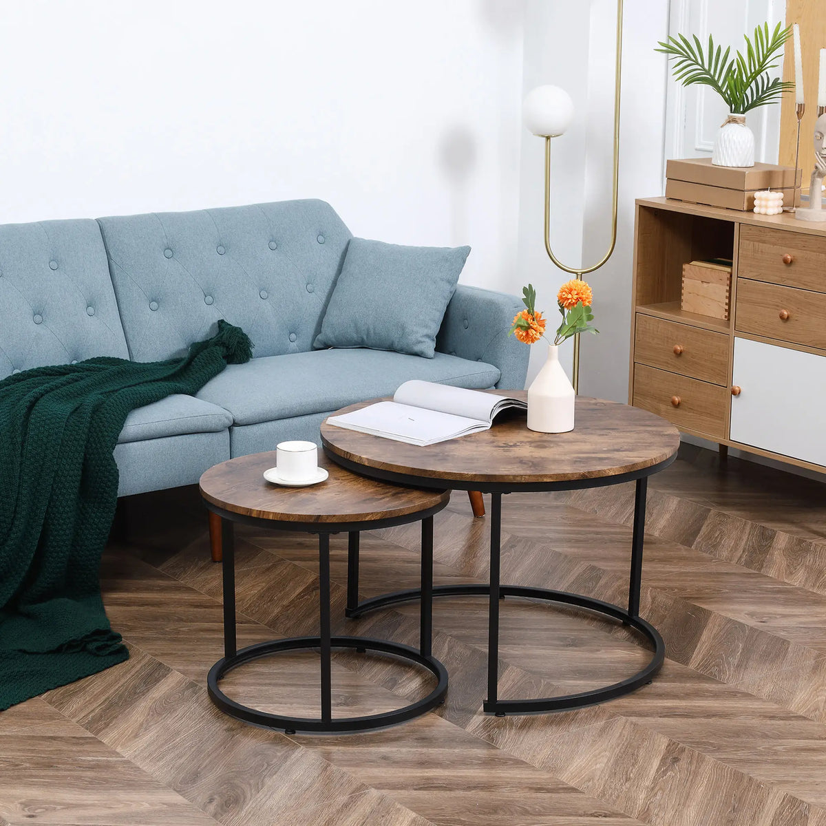 29" Round Nesting Tables, Set of 2, Metal Base, Rustic Brown Coffee Tables at Gallery Canada