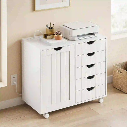 Mobile Lateral Filing Cabinet, 5 Drawers, Printer Stand, White