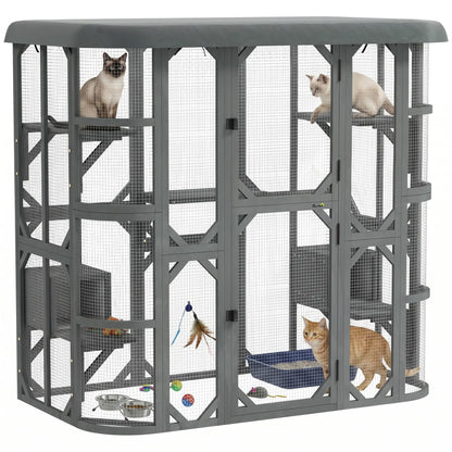 71" Wooden Cat Enclosure, With Platforms And Condos, Grey Outdoor Cat Enclosures at Gallery Canada