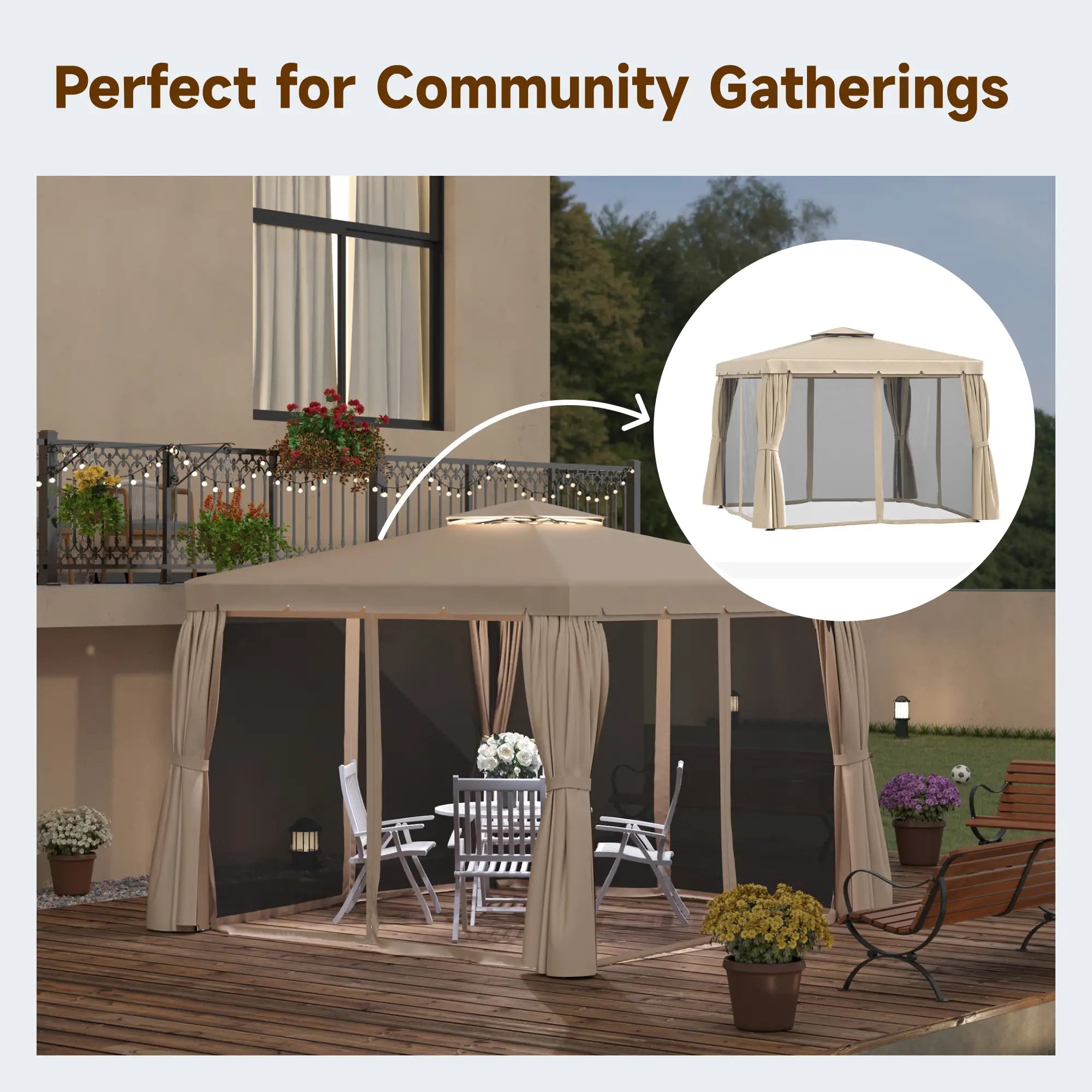 Deck Gazebo with Curtains, Mesh Screen, 10ft x 10ft, Khaki Gazebos at Gallery Canada