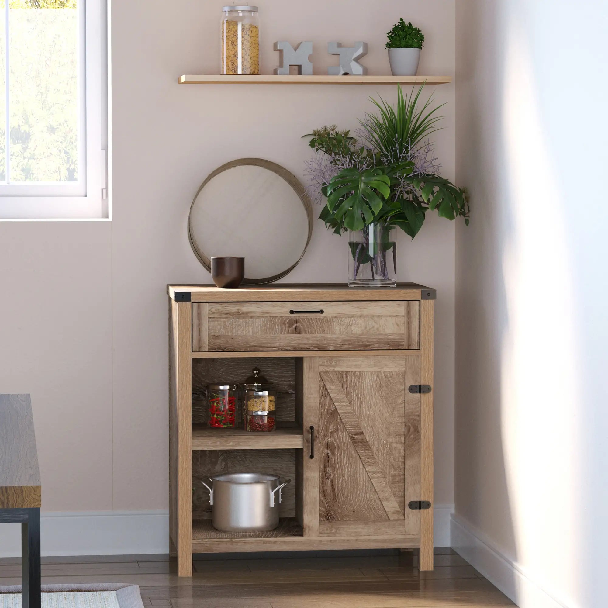 Rustic Barn Door Storage Cabinet, Modern Farmhouse Buffet Sideboard, Light Oak Bar Cabinets at Gallery Canada