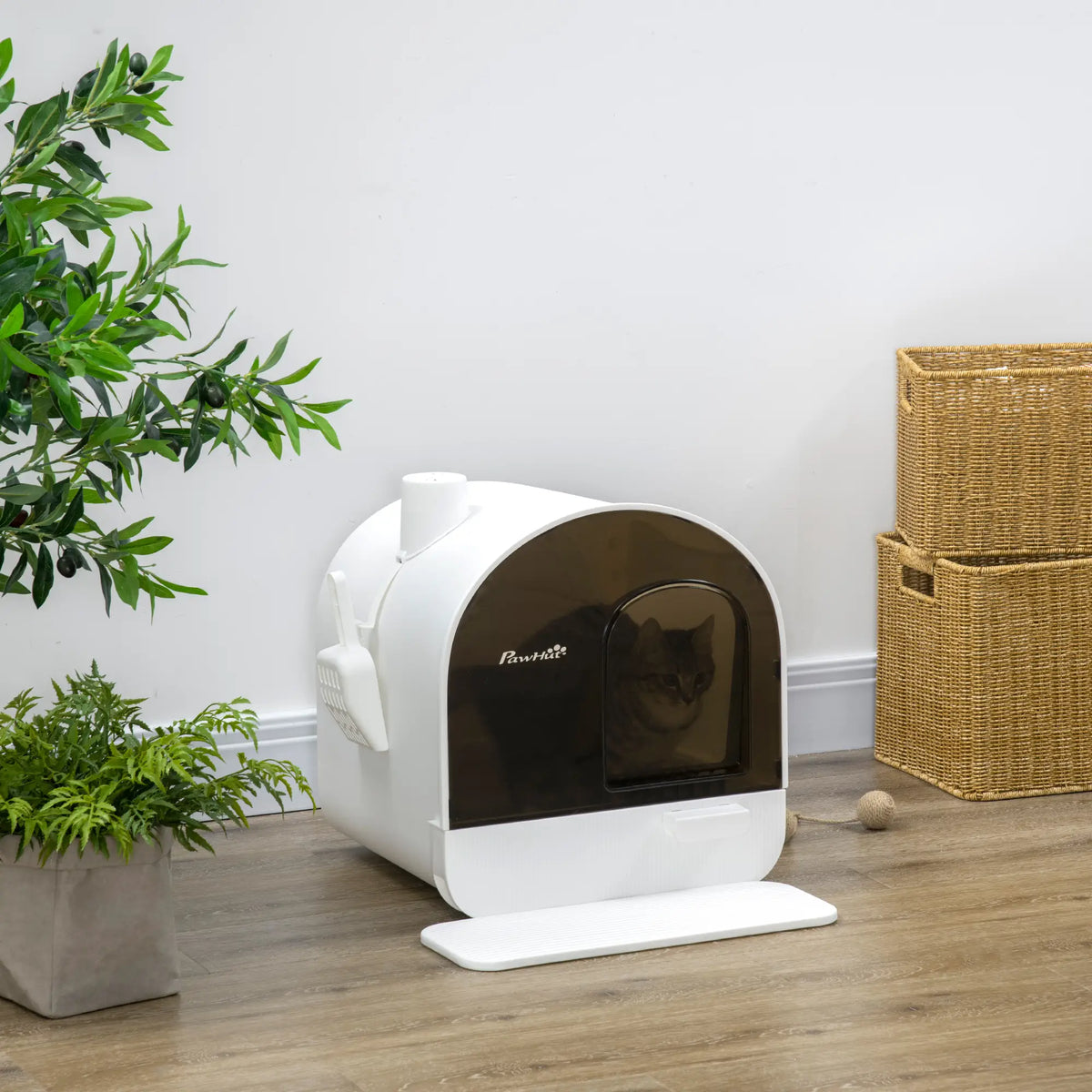 Cat Litter Box with Lid, Removable Tray, Scoop, Filter, White Cat Litter Box Enclosures at Gallery Canada