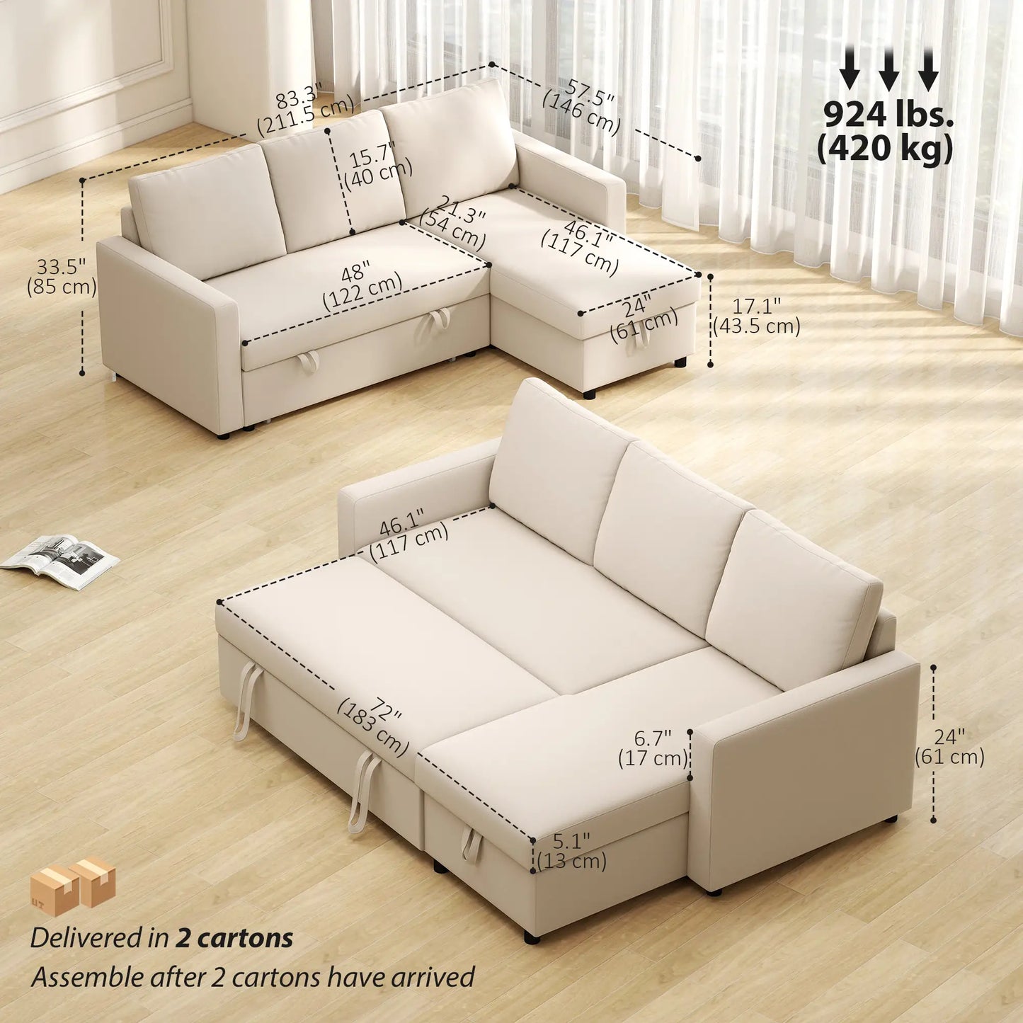 83" Sofa Bed, L Shaped Sectional Couch with Storage Chaise, Cream White Sofas & Reclining Chairs at Gallery Canada