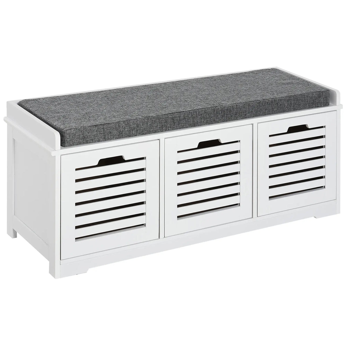 Upholstered Shoe Cabinet Bench, 3 Drawer Storage, White Shoe Storage Cabinets & Racks Grey seat, White others at Gallery Canada