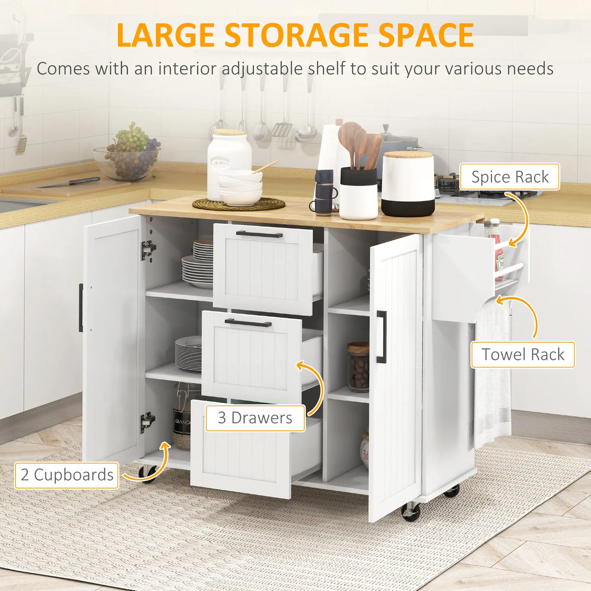 Rolling Kitchen Cart, Drop Leaf, 3 Drawers, Solid Wood Top, Towel Rack, White Kitchen Islands & Kitchen Carts at Gallery Canada