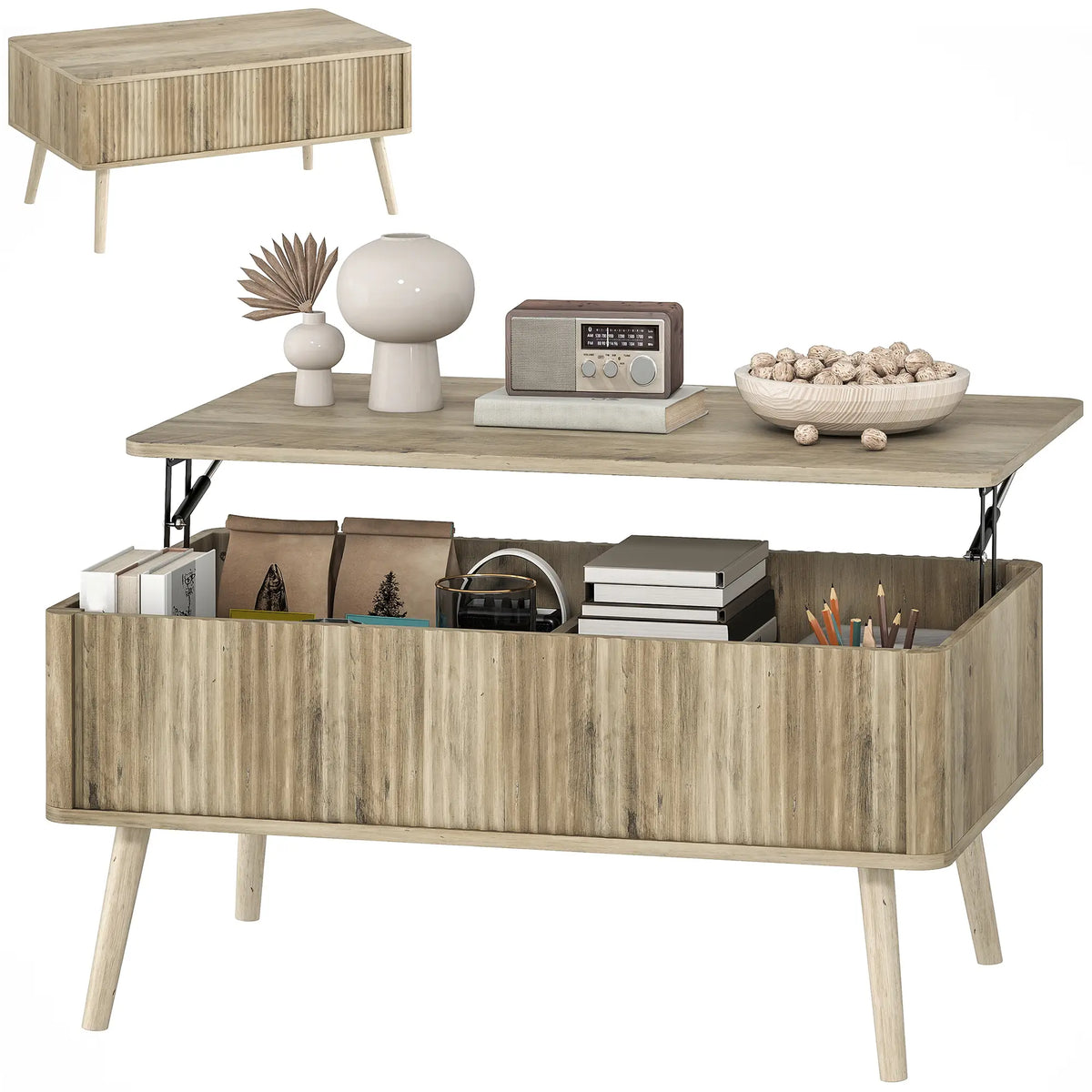 Lift Top Coffee Table with Storage, Hidden Compartments, Pine Wood Legs, Oak Coffee Tables Oak at Gallery Canada