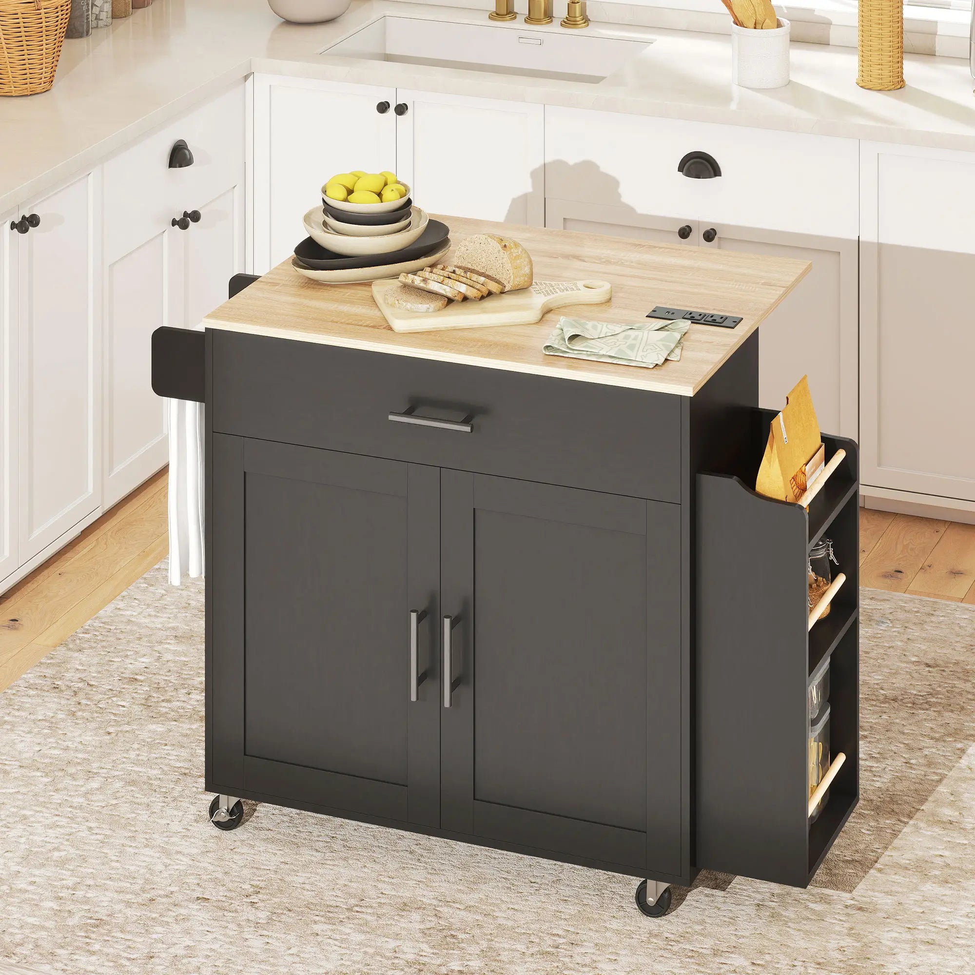 Kitchen Island with Storage, Rolling Cart, Foldable Drop Leaf, Power Outlet, USB Ports, Black Kitchen Islands & Kitchen Carts at Gallery Canada
