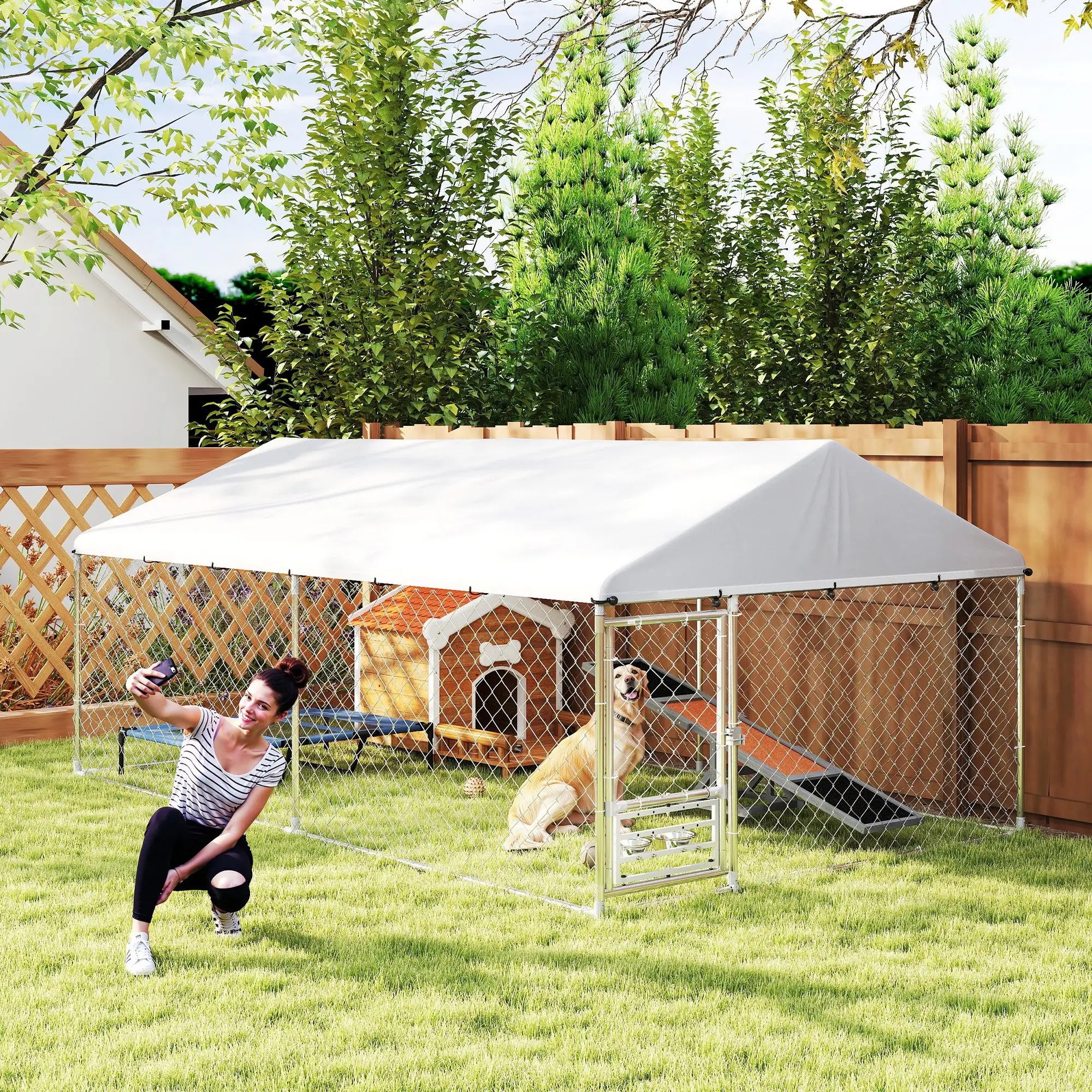 Outdoor Dog Run With Adjustable Bowls, Waterproof Cover, 13.1' x 7.5' x 5.2' Houses, Kennels & Pens at Gallery Canada
