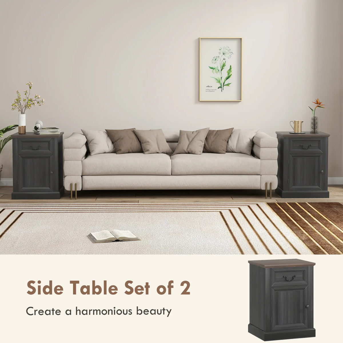 Side Table Set of 2 with Drawer and Cabinet, Black Side Tables at Gallery Canada