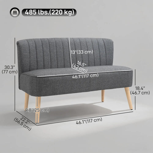 Modern 2 Seater Sofa, Upholstered Couch with Rubber Wood Legs, Grey