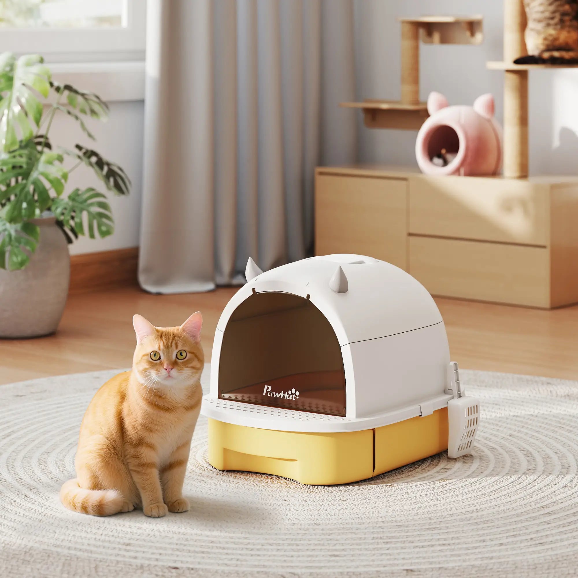 Cat Litter Box With Lid, Front Door Flap, Scoop, Handle, Yellow Cat Litter Box Enclosures at Gallery Canada