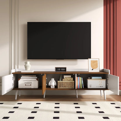 Three Door Stand, Sturdy Wooden Legs, 63" L x 15.5" W x 19.5" H, Natural, White TV Stands at Gallery Canada