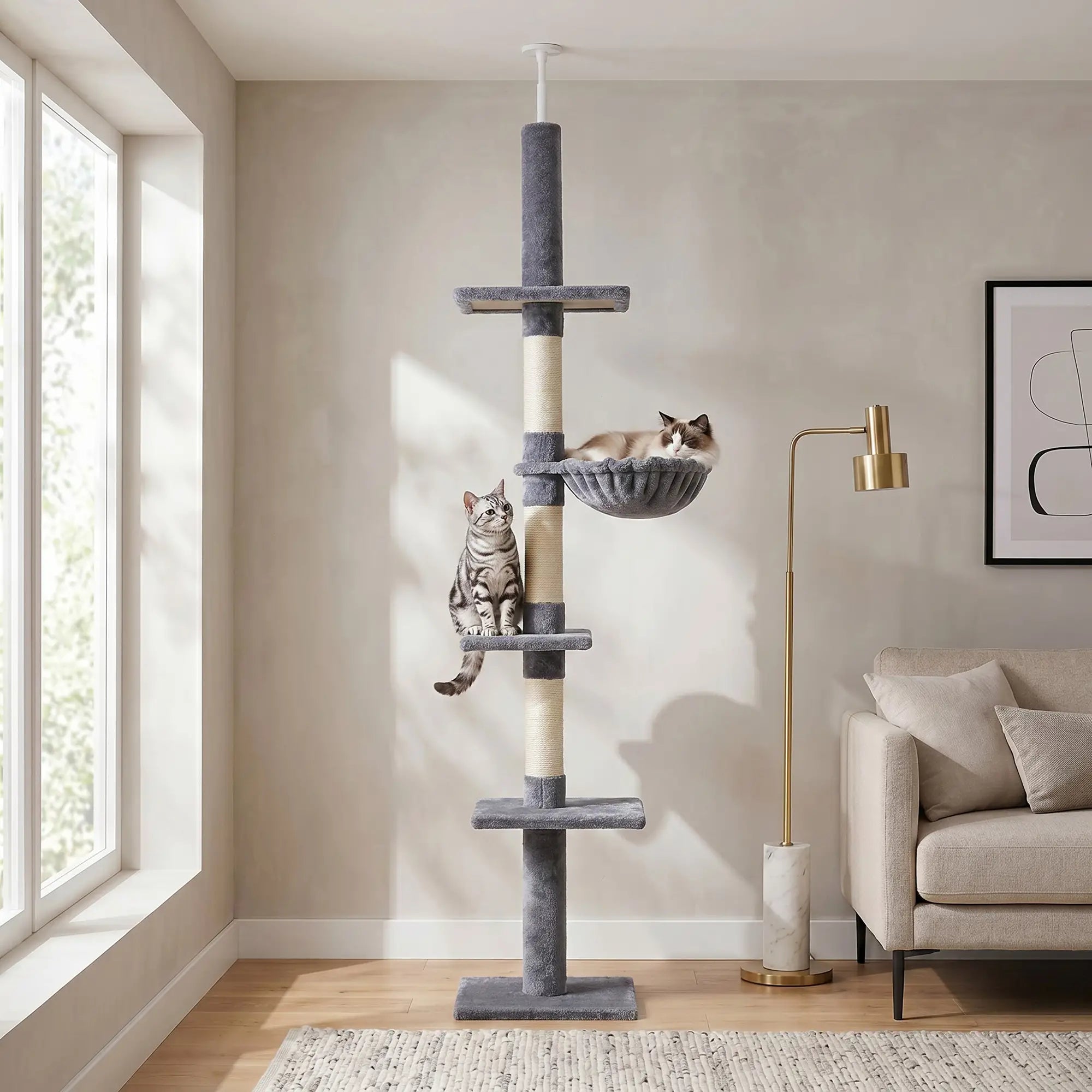 8.5ft Cat Climbing Tree, 5-Tier Activity Center, Scratching Post, Grey Floor to Ceiling Cat Trees at Gallery Canada