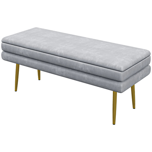Velvet Upholstered Bench, Thick Padded Seat, Steel Legs, Dark Grey