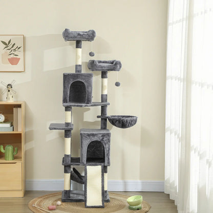 Cat Tree, 70 Inch Multi-Level Tower with Condos, Perches, Hammock, Dark Grey Cat Towers at Gallery Canada
