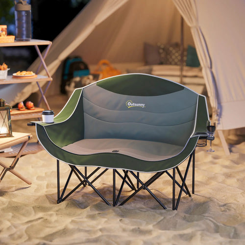 Portable Camp Chair, Double With Cup Holders, Carry Bag, 551 lbs, Dark Green