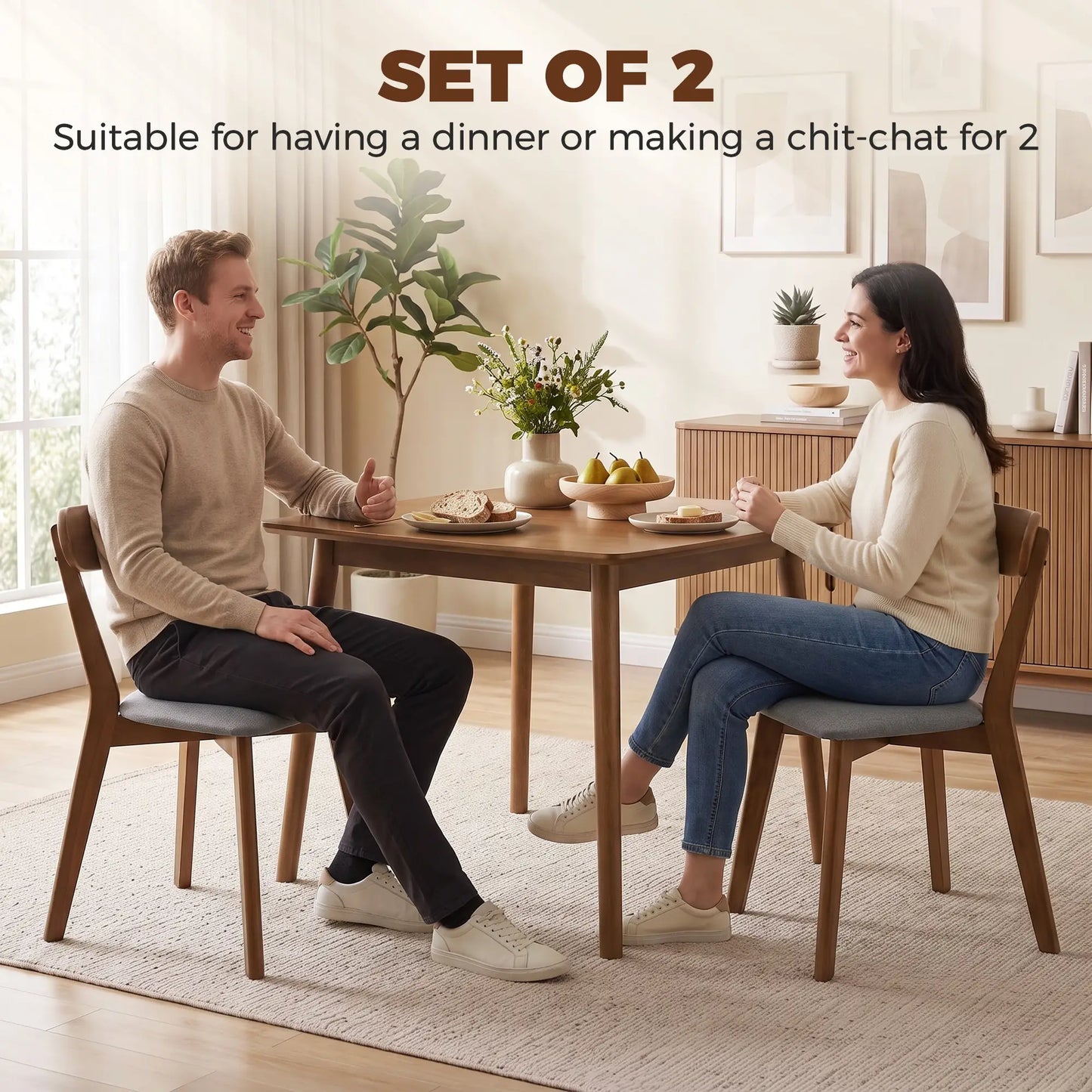 Upholstered Linen-Look Dining Chairs, Rubberwood Legs, Set of 2, Grey & Brown