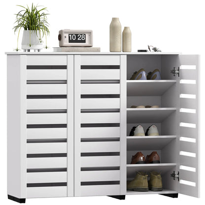 Narrow Shoe Cabinet, Slatted Doors, Adjustable Shelves, 20 Pairs, White Shoe Storage Cabinets & Racks at Gallery Canada