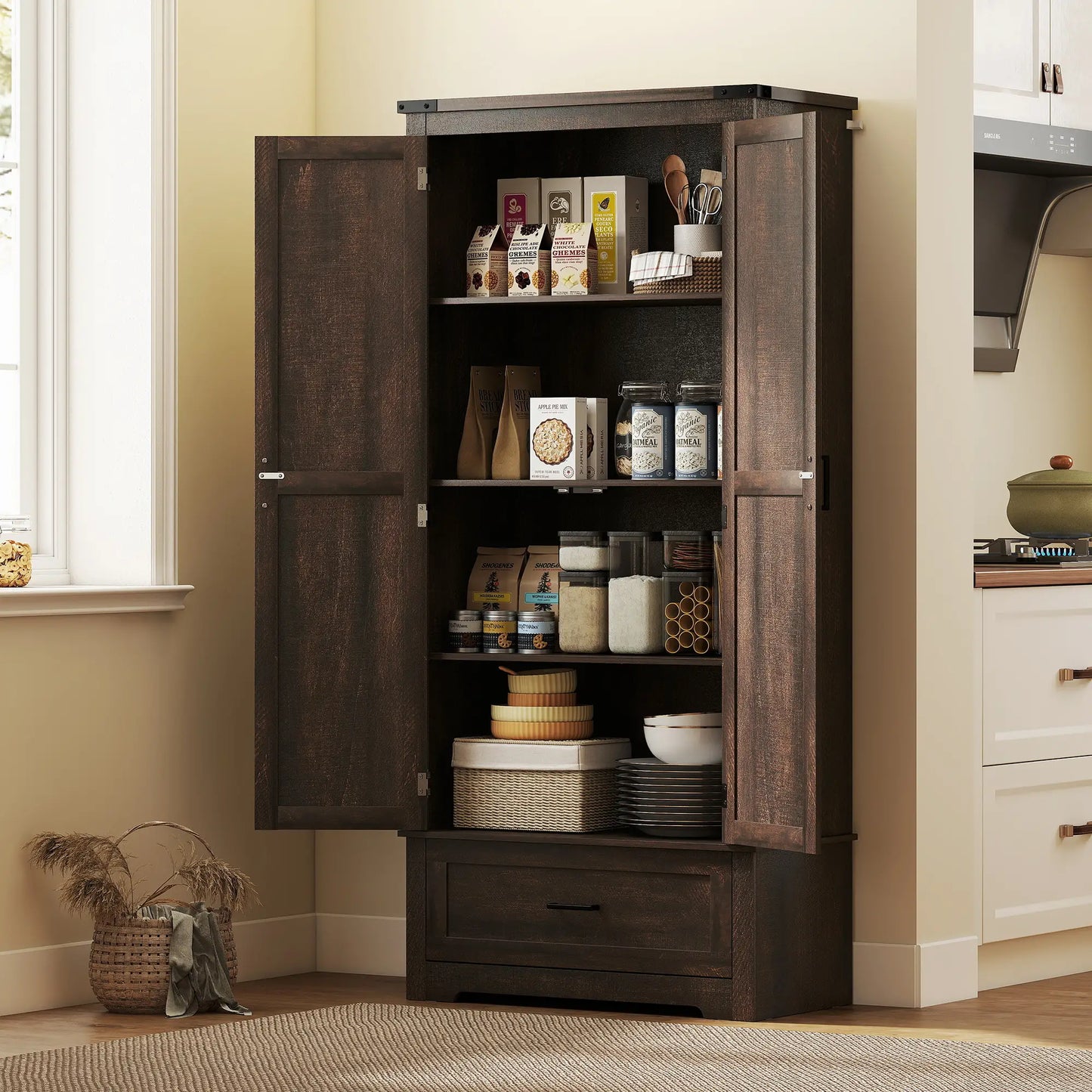 69" Tall Kitchen Pantry Cabinet, 2 Doors, Drawer, Adjustable Shelves, Dark Brown Kitchen Pantry Cabinets at Gallery Canada