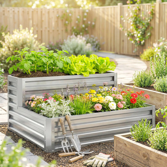 2 Tier Galvanized Raised Garden Bed, Steel Planter Box, 47" x 40" x 23", Silver Galvanized Planter Boxes Silver at Gallery Canada