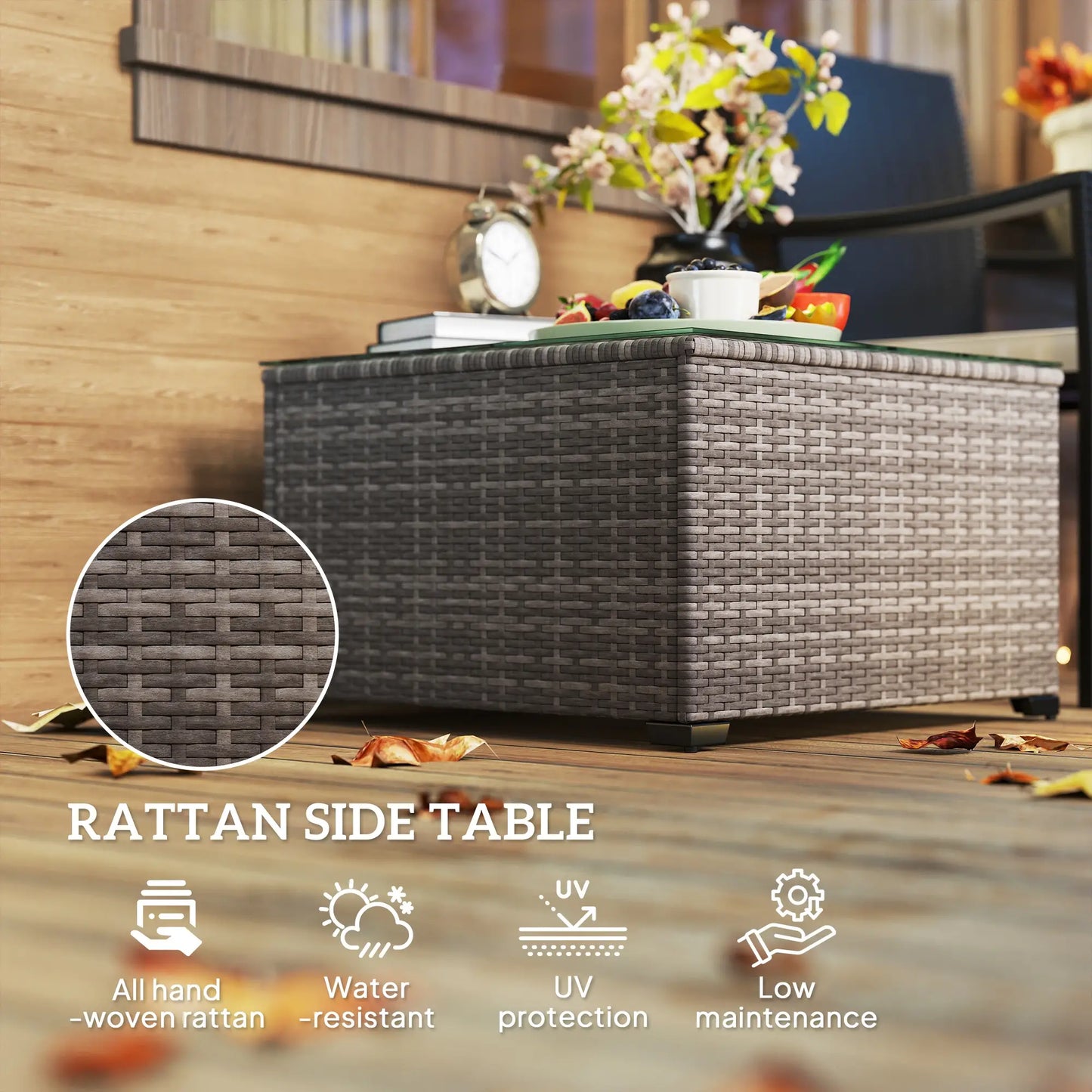 24.4" Patio Wicker Coffee Table, PE Rattan With Tempered Glass Top, Black Patio Side Tables at Gallery Canada